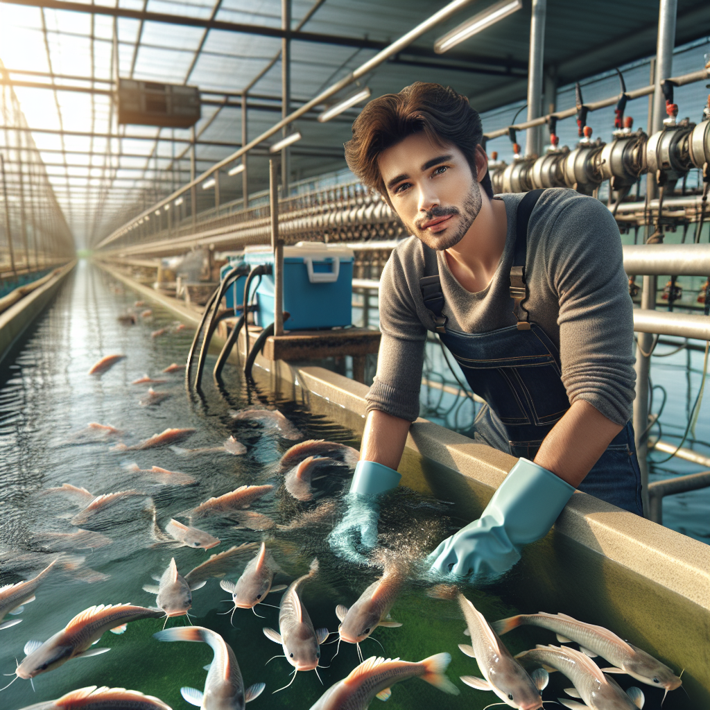 A photorealistic image of a fish farming setup, focusing on the specific treatment of catfish ("Lele") at the beginning stages of aquaculture. The scene is captured with the clarity and detail of a Sony A7S camera profile, showcasing young catfish in a clean, well-maintained water tank, with a farmer wearing gloves carefully tending to the fish. The background includes equipment and tools commonly used in fish farming.