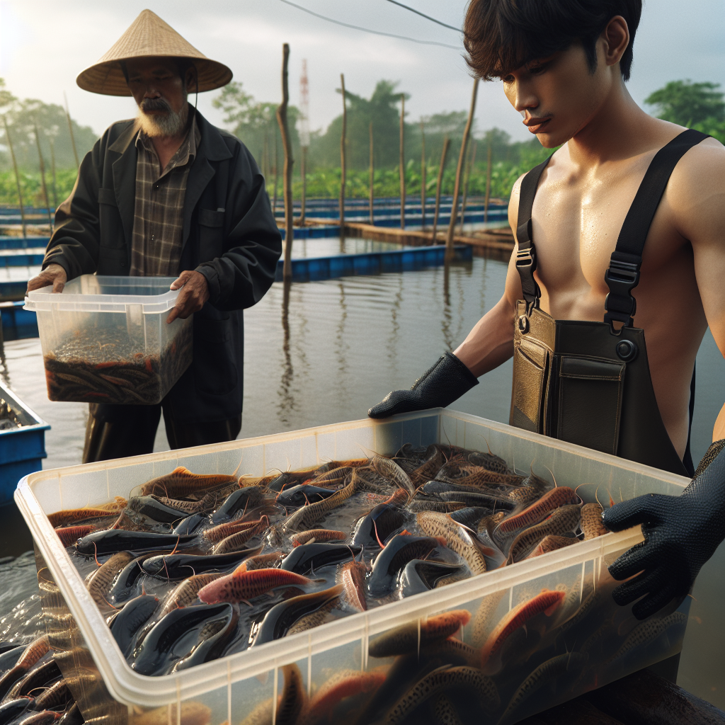 A high-resolution, photo-realistic image showing a fish farmer carefully examining high-quality catfish fry in a small container. The fish are lively and healthy, showcasing varied colors and clear markings. The setting is a well-maintained, outdoor fish farm with natural lighting. The image captures fine details and vivid textures, using a Sony A7S camera profile for clarity and richness, ensuring no blur.