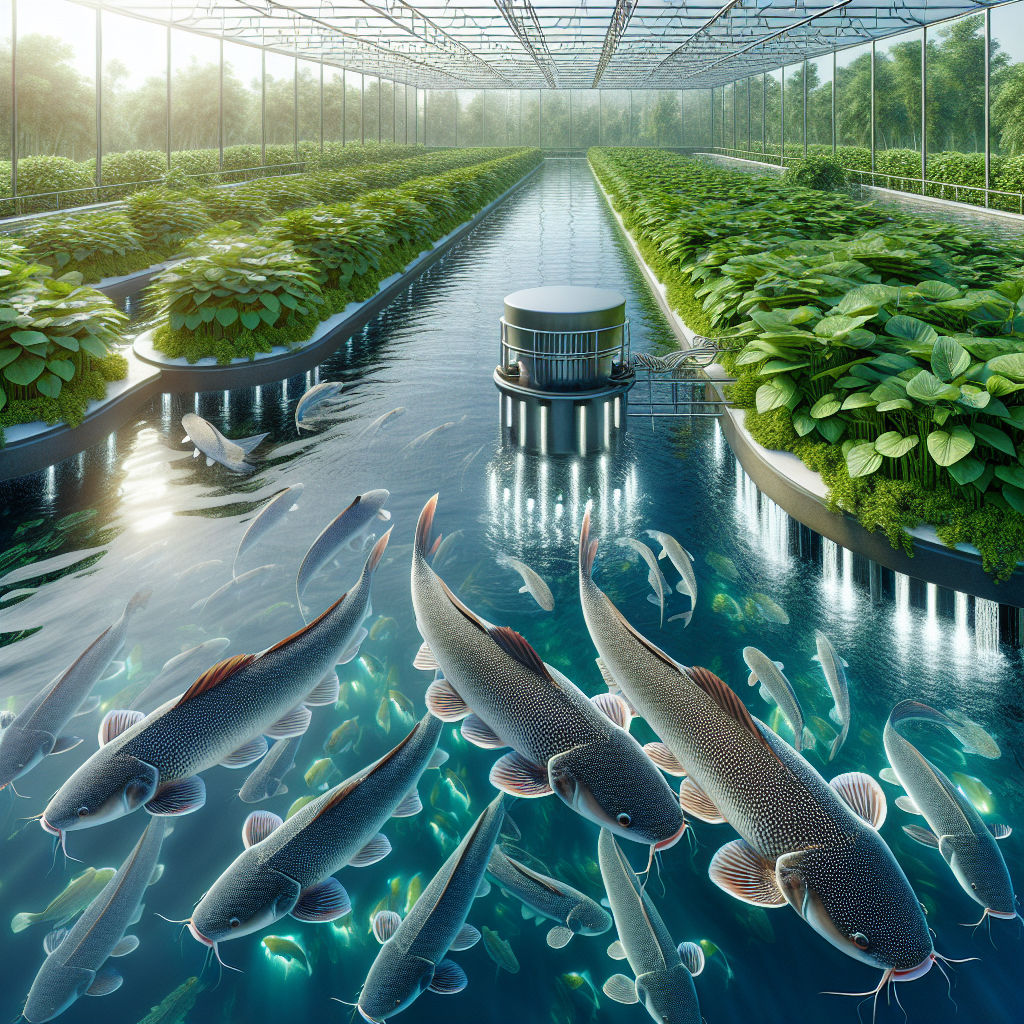 Photorealistic image of a successful catfish (Lele) farming setup with healthy large catfish swimming in a clean, well-maintained pond. The setting shows proper aeration, clear water, and a background of lush greenery. The image captures the details of fish scales and water ripples, with the scene well-lit and crisp, as if taken with a Sony A7S camera profile.