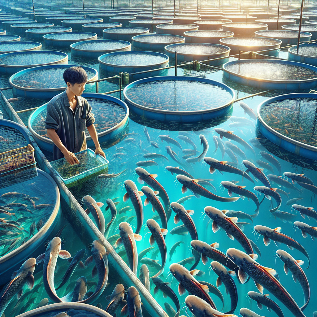 A photo-realistic image of a fish farming facility with numerous fish tanks filled with healthy young catfish (bibit lele). The setting should be an outdoor aquaculture environment with clear blue water in the tanks, sunlight glinting off the water surface, and a farmer checking the fish. The image should be captured in high definition, using a Sony A7S camera profile, to highlight the vibrant colors and fine details of the scene.