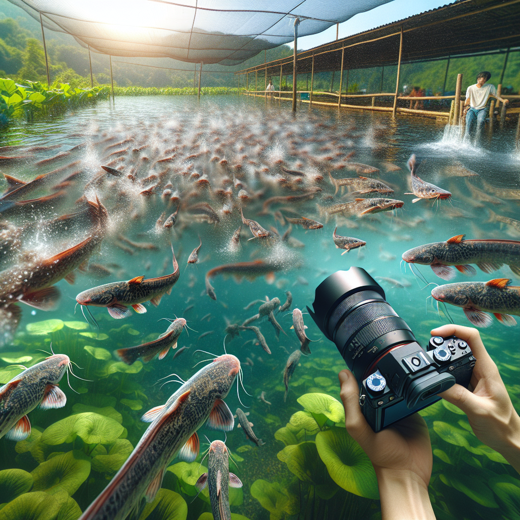 "A photo-realistic image of an active catfish farm in a pond setting, captured with a Sony A7S camera profile. The scene shows vibrant, healthy catfish swimming energetically, with clear water and visible pond vegetation. The image maintains sharp focus with vivid colors and natural lighting, capturing the dynamics of fish farming."