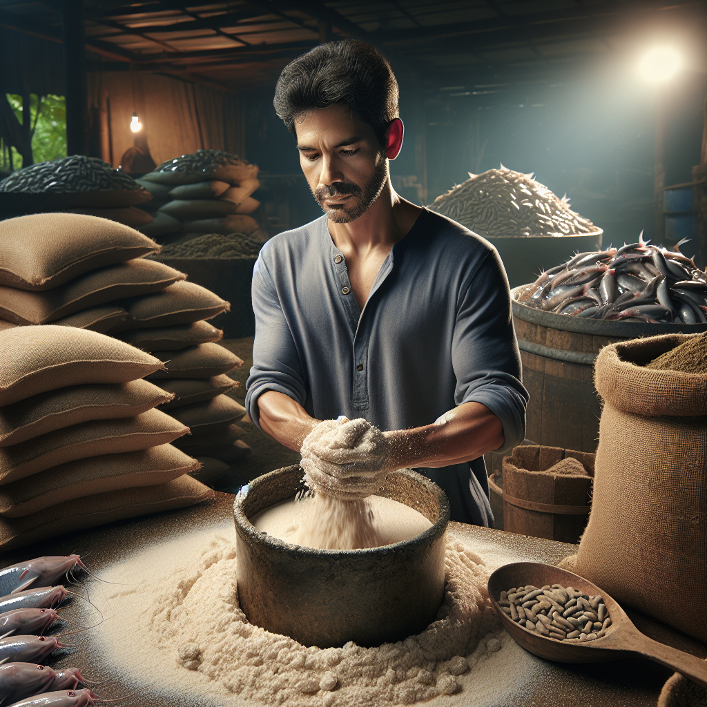 "Photo-realistic image of a fish farmer preparing fermented feed for catfish, using a Sony A7S camera profile. The scene captures the vibrant details of the fresh ingredients being mixed in a large container, in a setting with natural lighting and a rustic atmosphere. Focus on the farmer's hands as they mix the feed, surrounded by sacks of raw materials and tubs filled with catfish, emphasizing the practicality and tradition of fish farming."