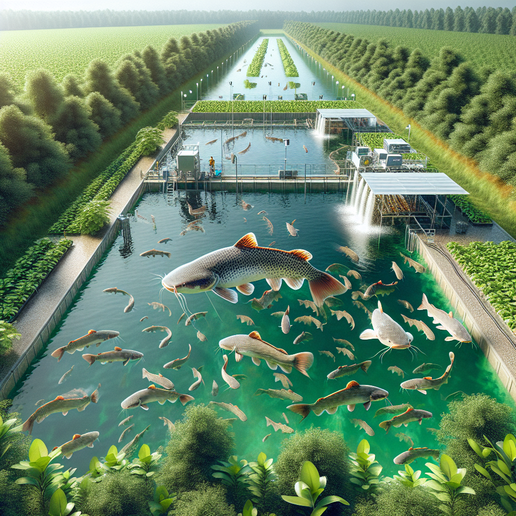 A photo-realistic image of a highly effective and well-maintained fish pond designed for catfish farming, showcasing clear water with visible catfish swimming, surrounded by lush greenery and featuring modern equipment. Captured with the clarity and detail of a Sony A7s camera profile, ensuring no blurriness and vibrant, natural colors.