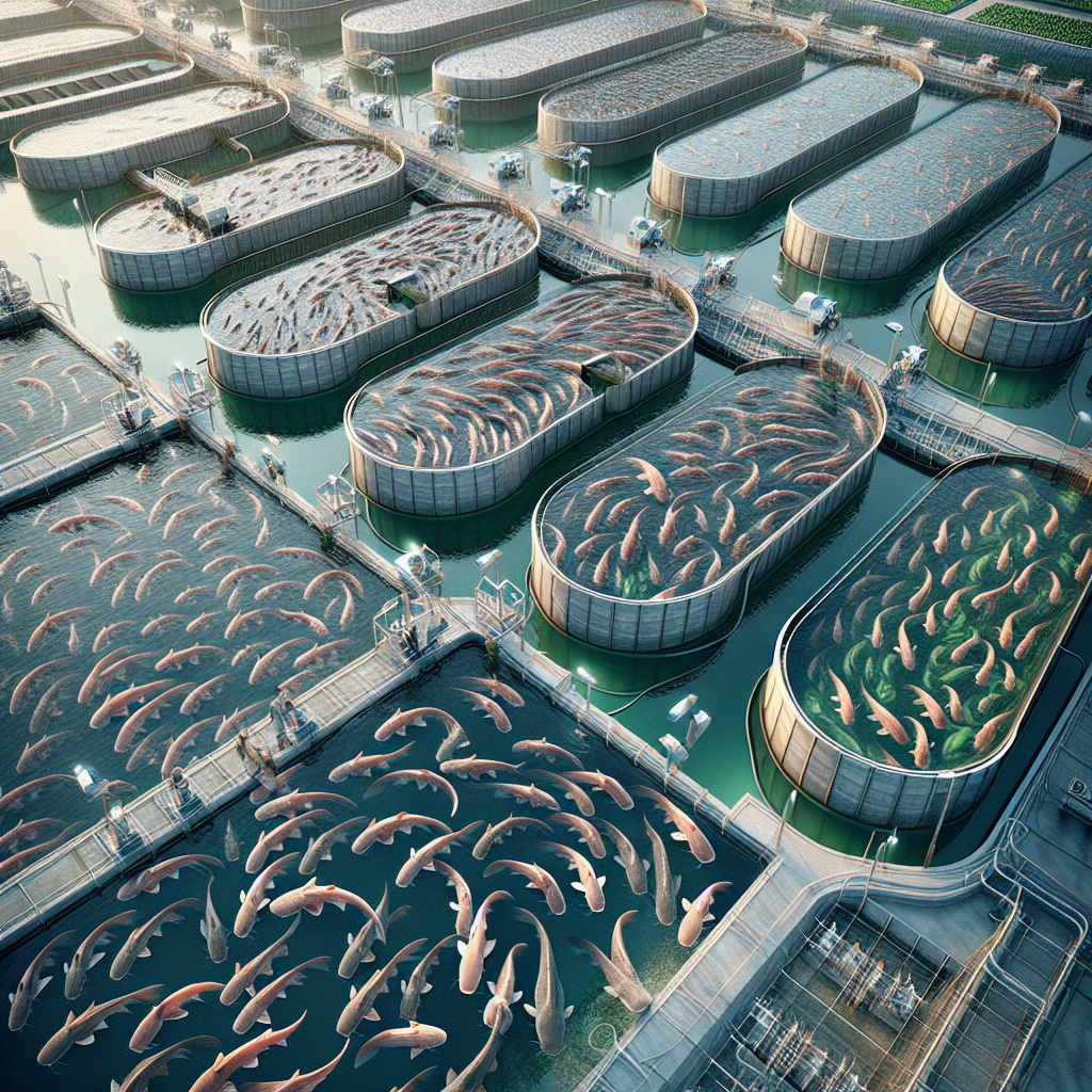 A photorealistic image of a high-quality catfish farm in Madiun, showcasing healthy catfish swimming in clean water tanks. The farm setting is well-organized with modern equipment visible. Captured using a Sony A7S profile camera, the lighting is crisp and clear, highlighting the vibrant colors and details of the fish and the surrounding farm area.