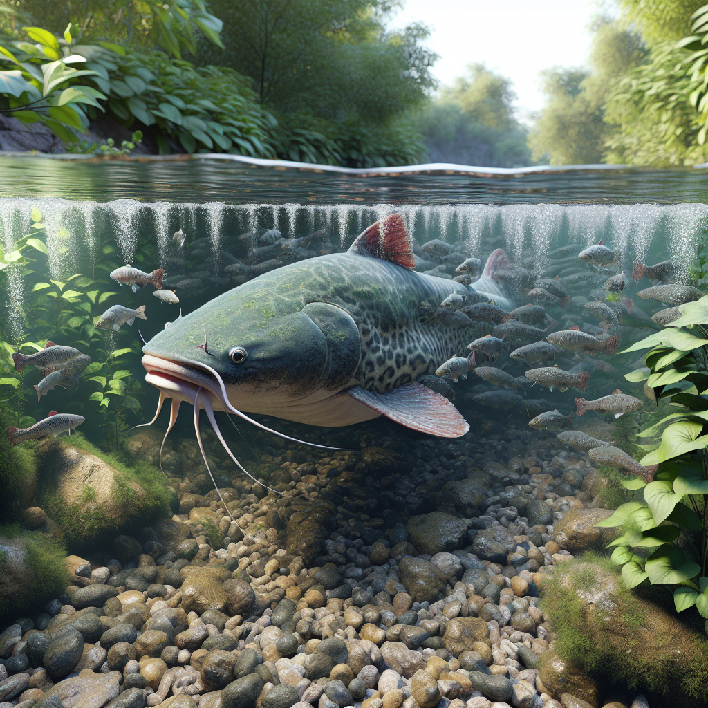 "Photo-realistic image of a fish farming pond focusing on catfish (Ikan Lele) with visible signs of skin disease, captured in sharp detail using a Sony A7S camera profile. The setting includes clear water, surrounding natural pond elements like plants and rocks, and a well-lit, daytime environment."