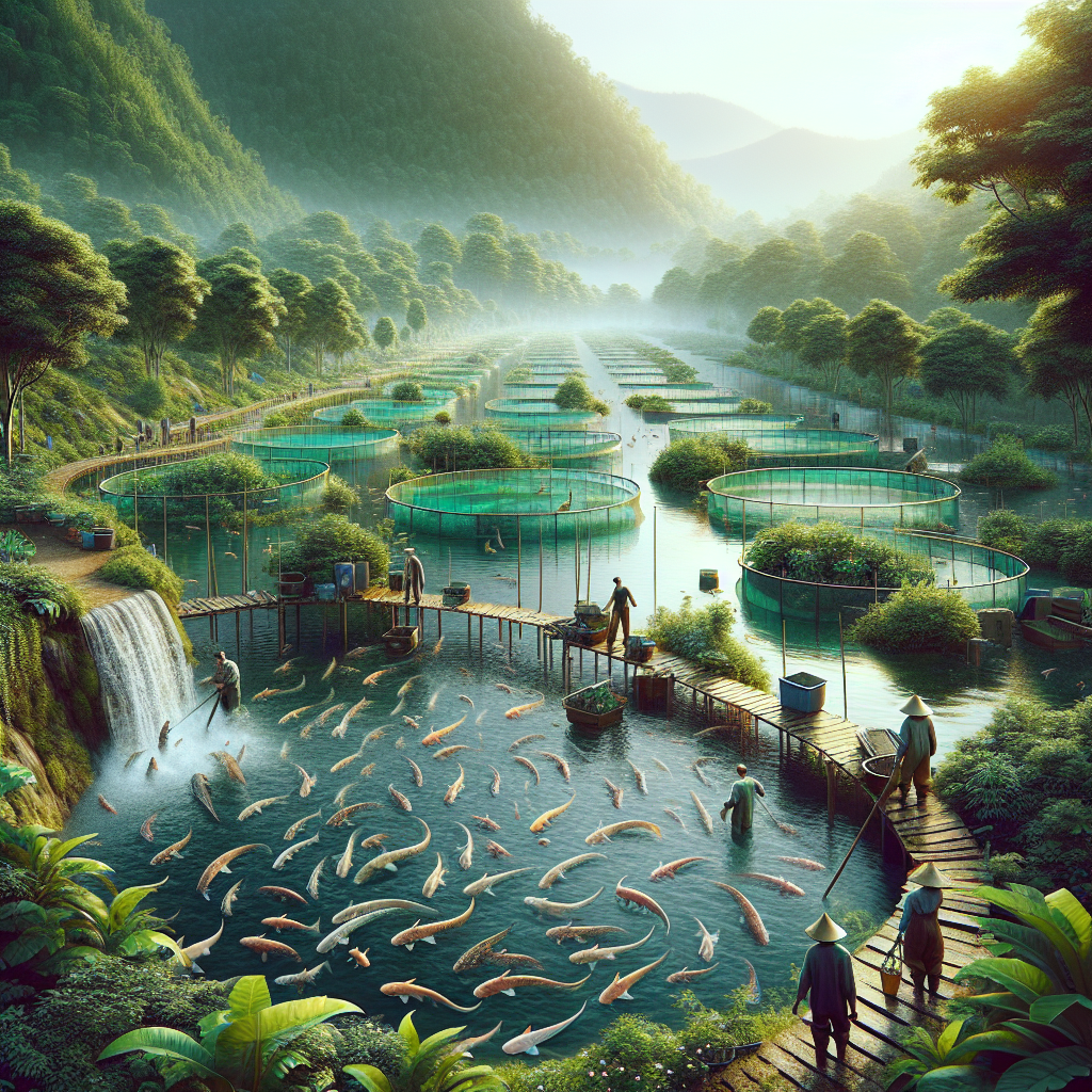 A photo-realistic image of a catfish farm in Madiun, Indonesia, captured using a Sony A7S profile camera. The scene showcases clear water ponds filled with catfish, surrounded by lush green vegetation and a few workers attending to the farm. The setting is during the day with natural lighting, highlighting the vibrant colors of the environment and the fish.