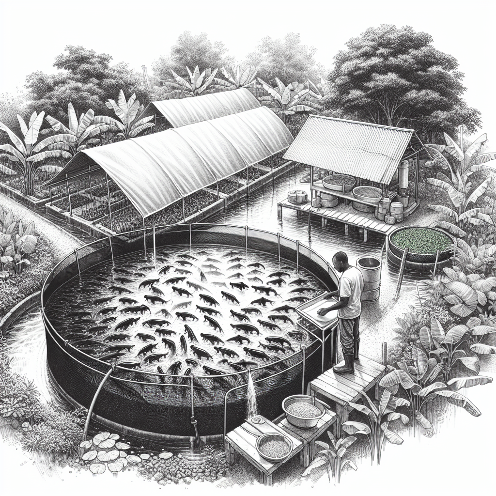 Hand drawn black and white pencil sketch of a fish farming setup with a large tarpaulin pond filled with catfish. The scene includes a small feeding station, a person caring for the fish, and surrounding greenery to show an outdoor farm environment. The focus is on the simplicity and practicality of farming catfish in a backyard or small space.