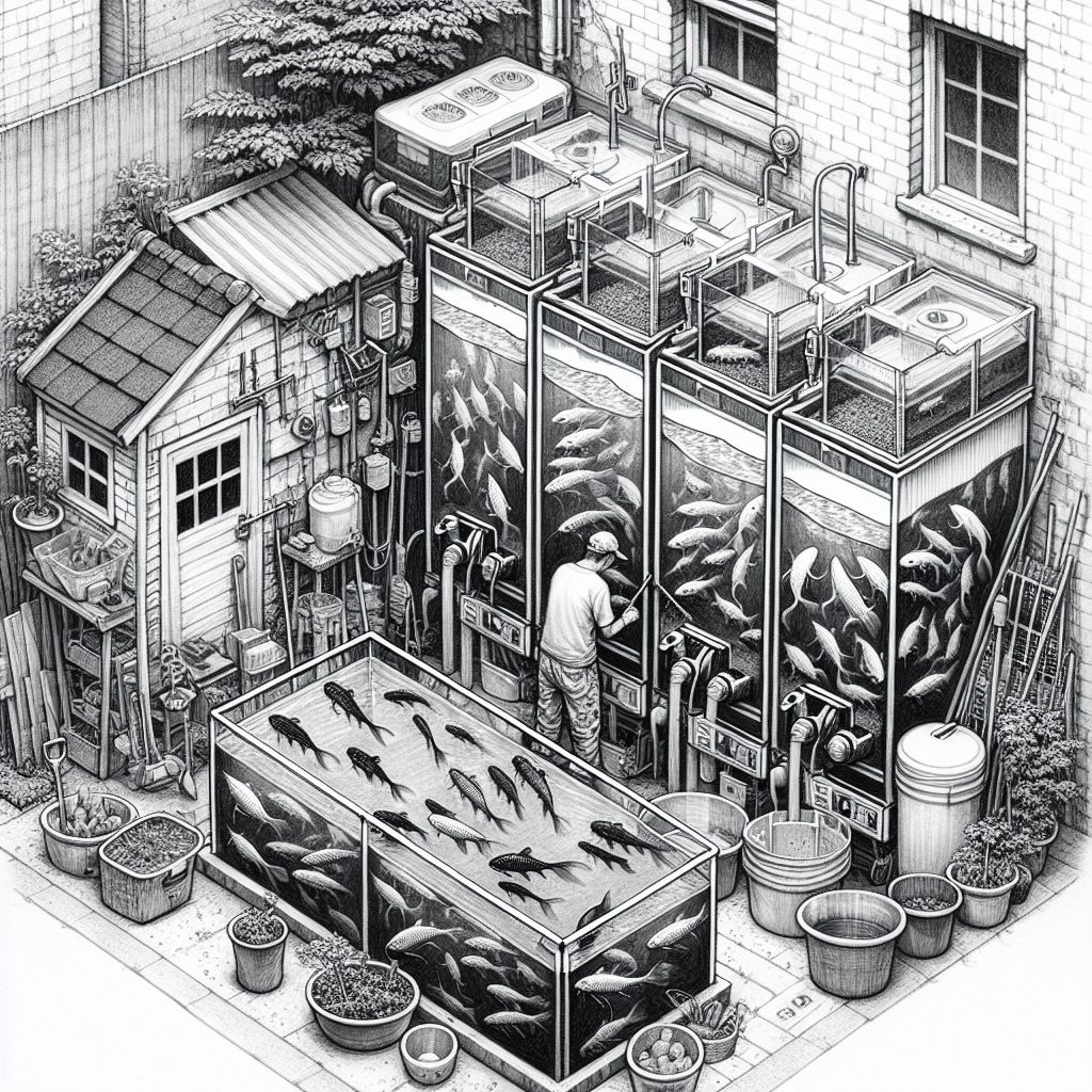 Hand drawn black and white pencil sketch of a small-scale catfish farming setup in a narrow urban backyard. The scene shows several fish tanks neatly arranged with water and young catfish. A person is feeding the fish, surrounded by garden tools and a small shed. The detailed drawing captures the essence of efficient space utilization in an urban fish farming environment.
