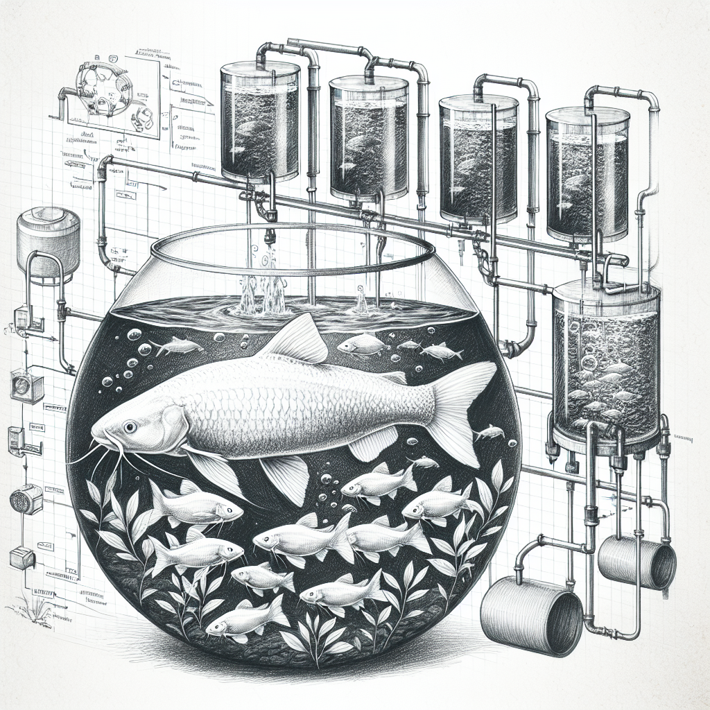 A hand-drawn black and white pencil illustration of a modern fish farming system using Recirculating Aquaculture System (RAS) technology for catfish. The image shows various tanks and filtration units connected by pipes, with catfish swimming inside a large, round tank. The background includes sketched diagrams and labels depicting the flow of water through the system.