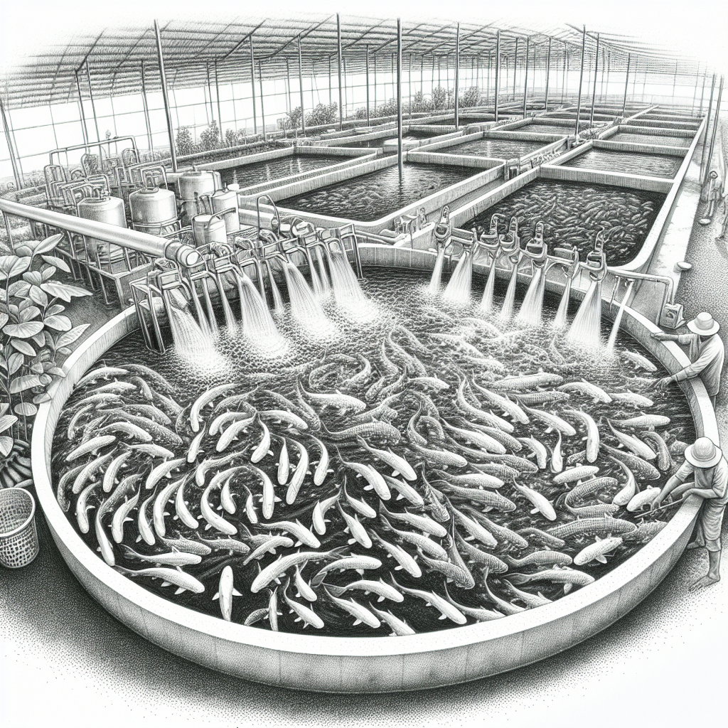 A detailed hand-drawn black and white pencil sketch of a biofloc fish farming system, highlighting the various stages of catfish (lele) cultivation. The scene includes circular tanks filled with water and biofloc, aeration systems, and catfish swimming in clusters. The background shows an organized layout of the fish farm with neatly arranged equipment, plants, and a few workers tending to the system. The focus is on capturing the intricate details of the biofloc particles and the dynamics of the fish as they interact with their environment.