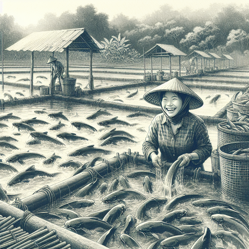 A hand-drawn black and white pencil illustration depicting a successful catfish farm. The image shows a series of neatly arranged catfish ponds filled with thriving catfish. A farmer, with a satisfied expression, is inspecting the healthy fish. Surrounding the ponds, there are lush plants and simple farming tools. The scene captures a sense of productivity and harmony in fish farming.