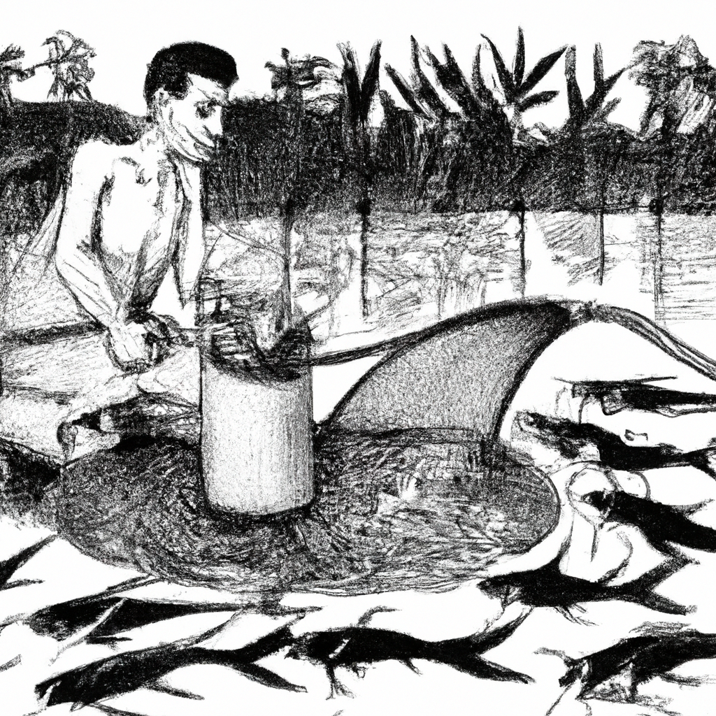 A hand-drawn black and white pencil illustration of a fish farmer feeding catfish in a pond with alternative feed made from household waste materials. The scene includes a pond with active catfish, and the farmer holding a bucket filled with composted waste, illustrating innovative fish farming techniques.