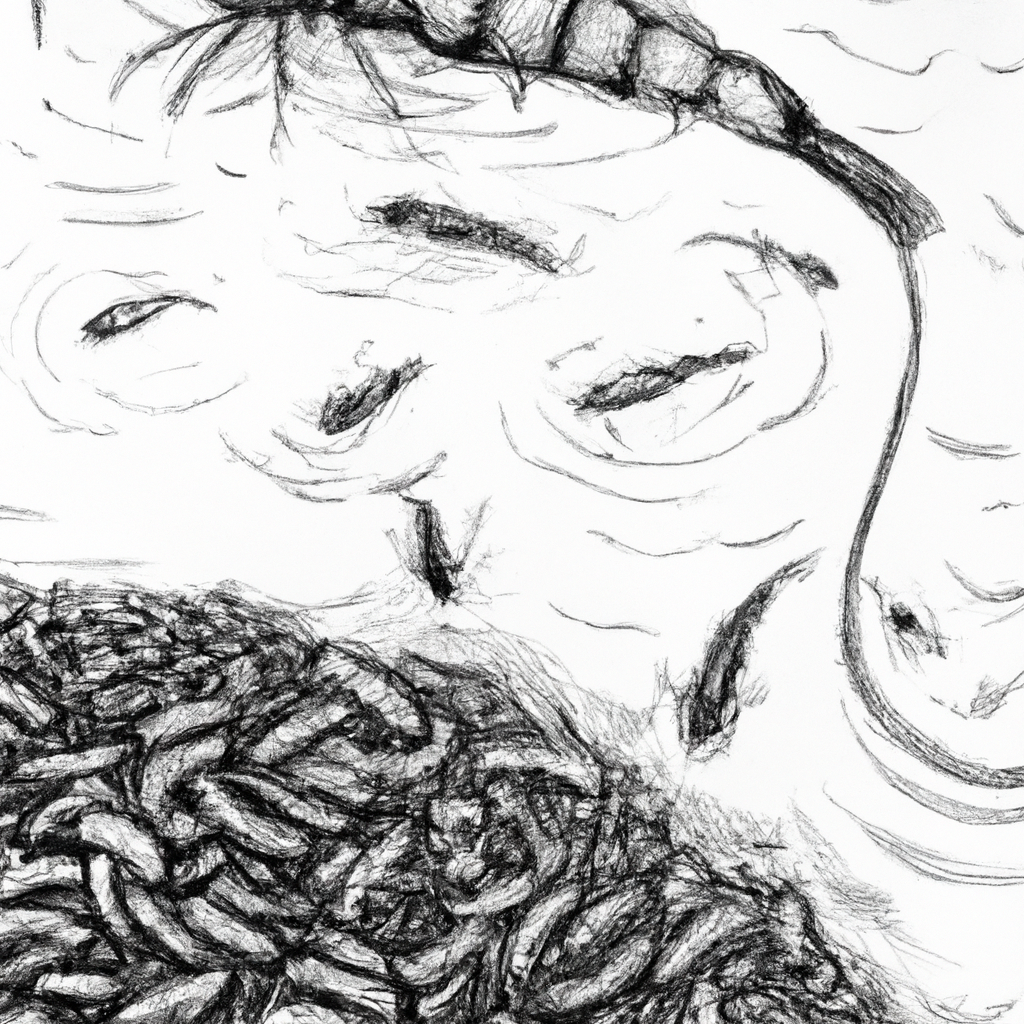Hand-drawn black and white pencil illustration of Black Soldier Fly larvae (maggot BSF) being used as feed in a catfish farming setting. The image shows a close-up of maggots being mixed with feed and catfish swimming in a pond, capturing the dynamic interaction in a rural fish farming environment.