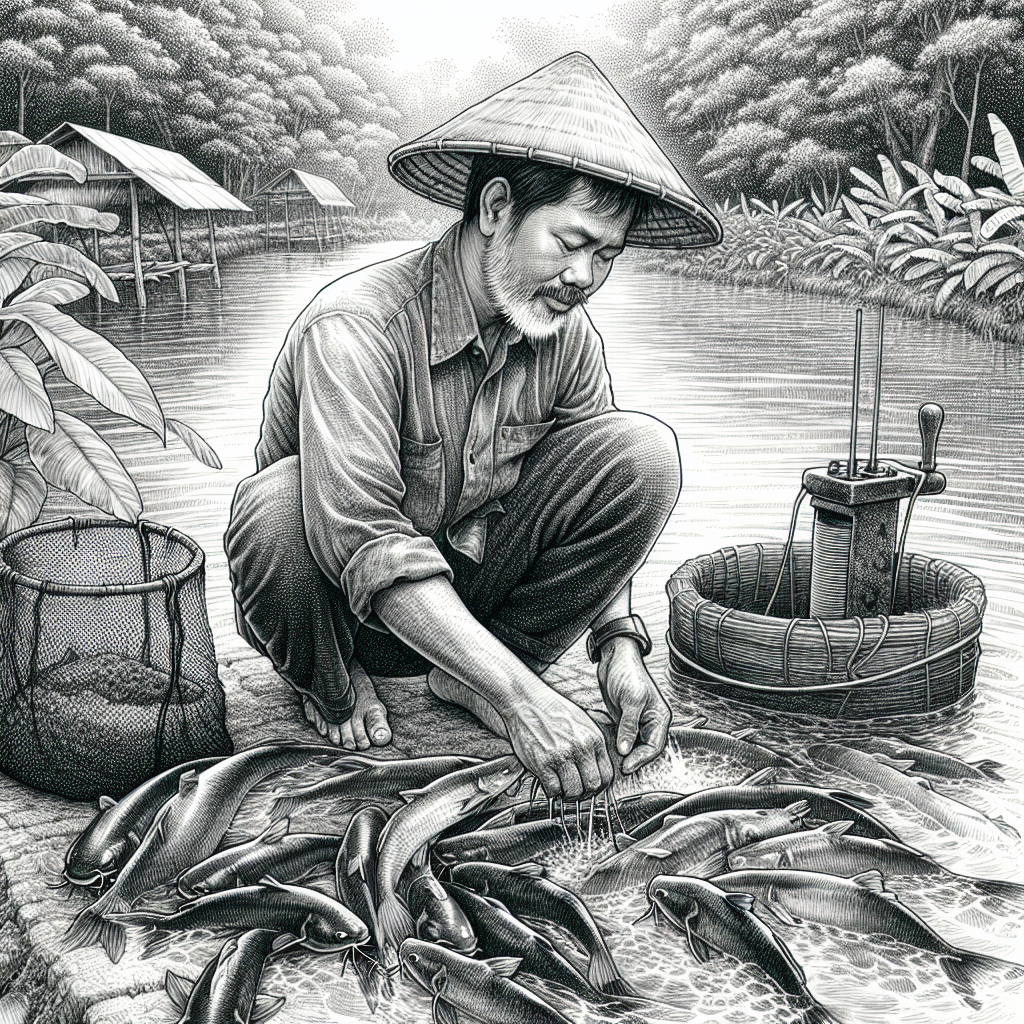 Hand-drawn black and white pencil sketch of a fish farmer in a rural setting, carefully examining a pond of catfish (Ikan Lele). The scene includes fishnets, a small water pump, and a backdrop of a lush, natural environment. The farmer looks focused and attentive, embodying care and expertise in fish farming.