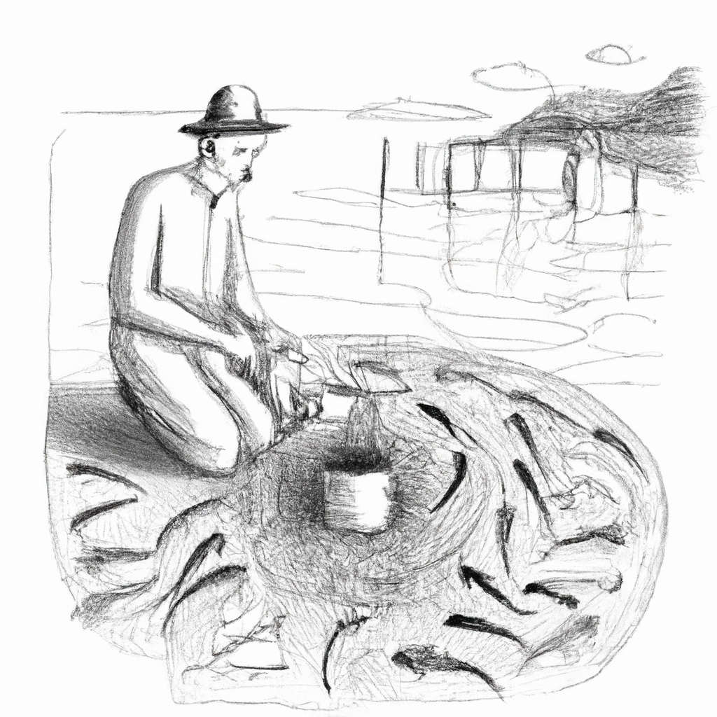 A hand-drawn black and white pencil illustration of a fish farmer creatively feeding catfish in a well-organized pond. The farmer is using innovative techniques to reduce feed costs, surrounded by simple tools and natural elements. The scene is set in a rural environment, showing an efficient yet traditional approach to sustainable aquaculture.