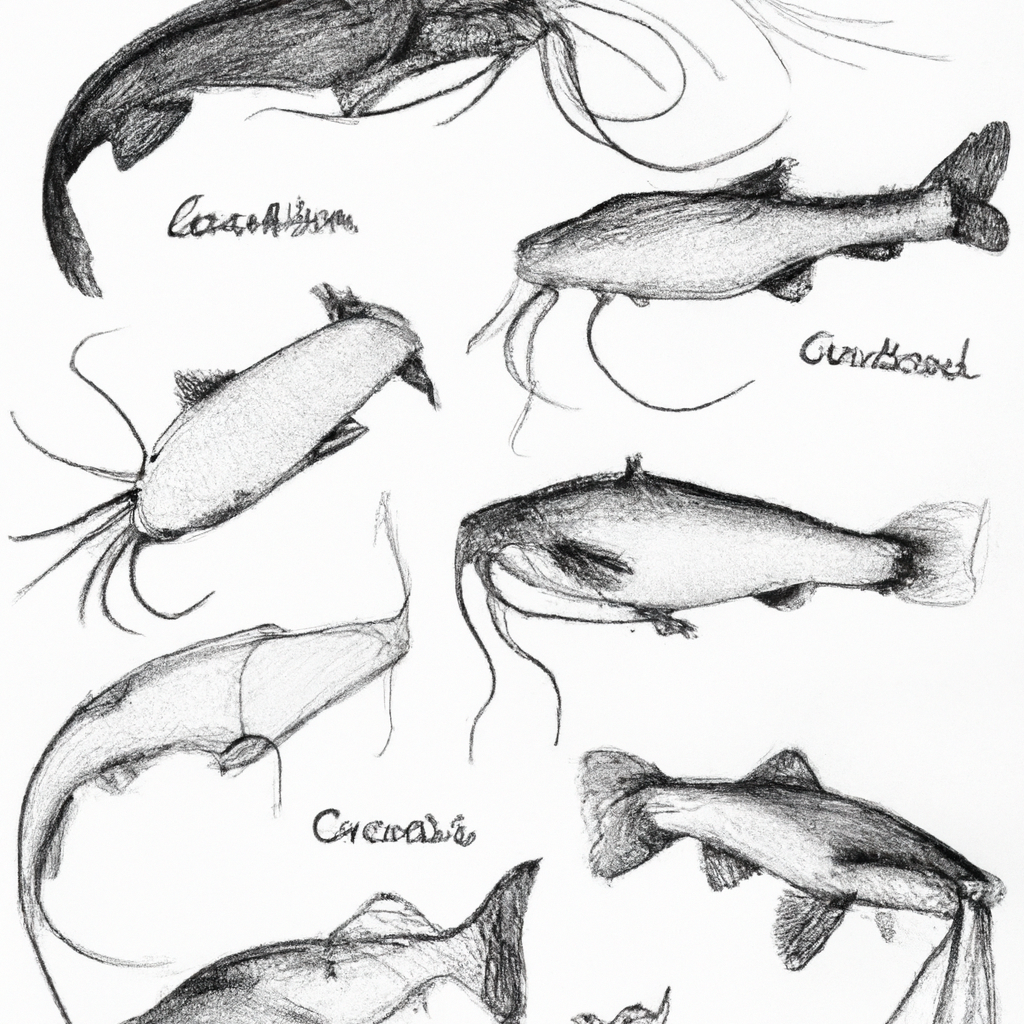 Hand drawn black and white pencil illustration of different types of catfish with distinct physical features, useful for fish farming. Include detailed sketches of various catfish species, highlighting differences in body shape, fin structure, and skin texture.