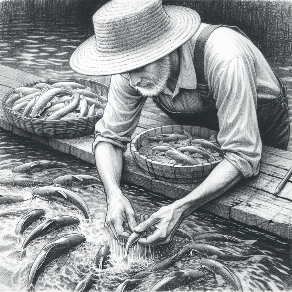 A hand-drawn black and white pencil illustration of a fish farmer carefully selecting high-quality catfish fingerlings for a pond, with detailed features of the fish, water, and environment around the pond, emphasizing the focus on selecting superior catfish for aquaculture.