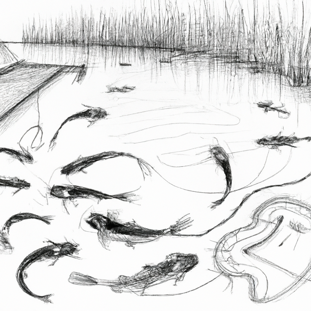 Hand drawn black and white pencil illustration of various fast-growing catfish types in a fish farming pond setting, showcasing detailed features of the fish, their environment, and farming equipment such as nets and aerators.