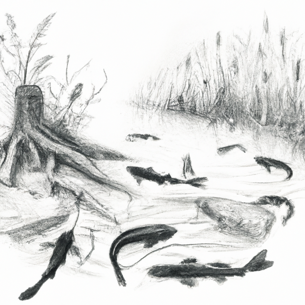 Hand-drawn black and white pencil sketch of a natural catfish habitat, focusing on elements like a muddy pond with aquatic plants, submerged logs, and fish swimming, to illustrate traditional fish farming environments.