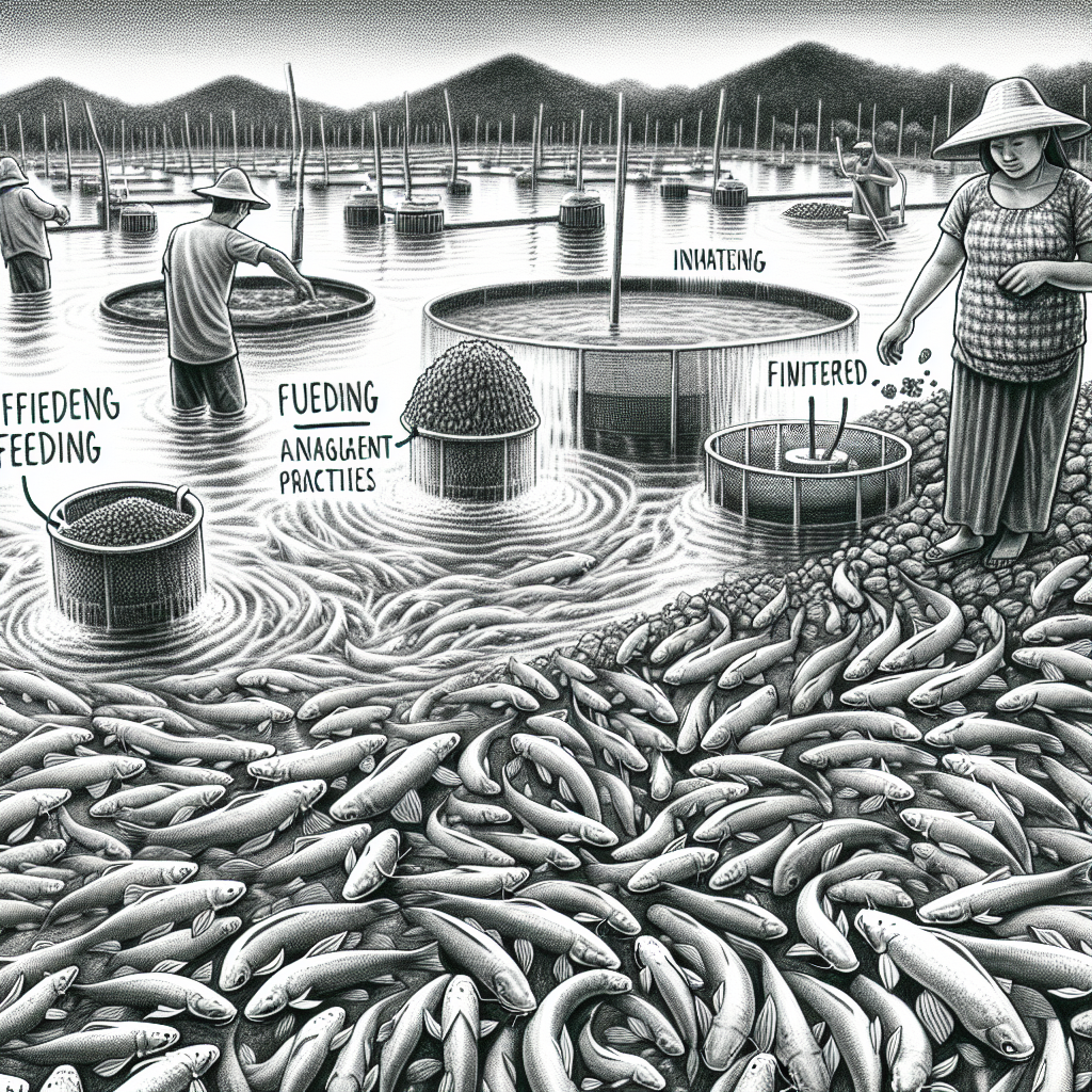 A black and white hand-drawn pencil illustration depicting common mistakes in catfish farming, including overcrowded ponds, poor water quality, inefficient feeding practices, and inadequate filtering systems. Show a variety of elements in a pond setting, with catfish visibly struggling and farmers appearing confused or frustrated.