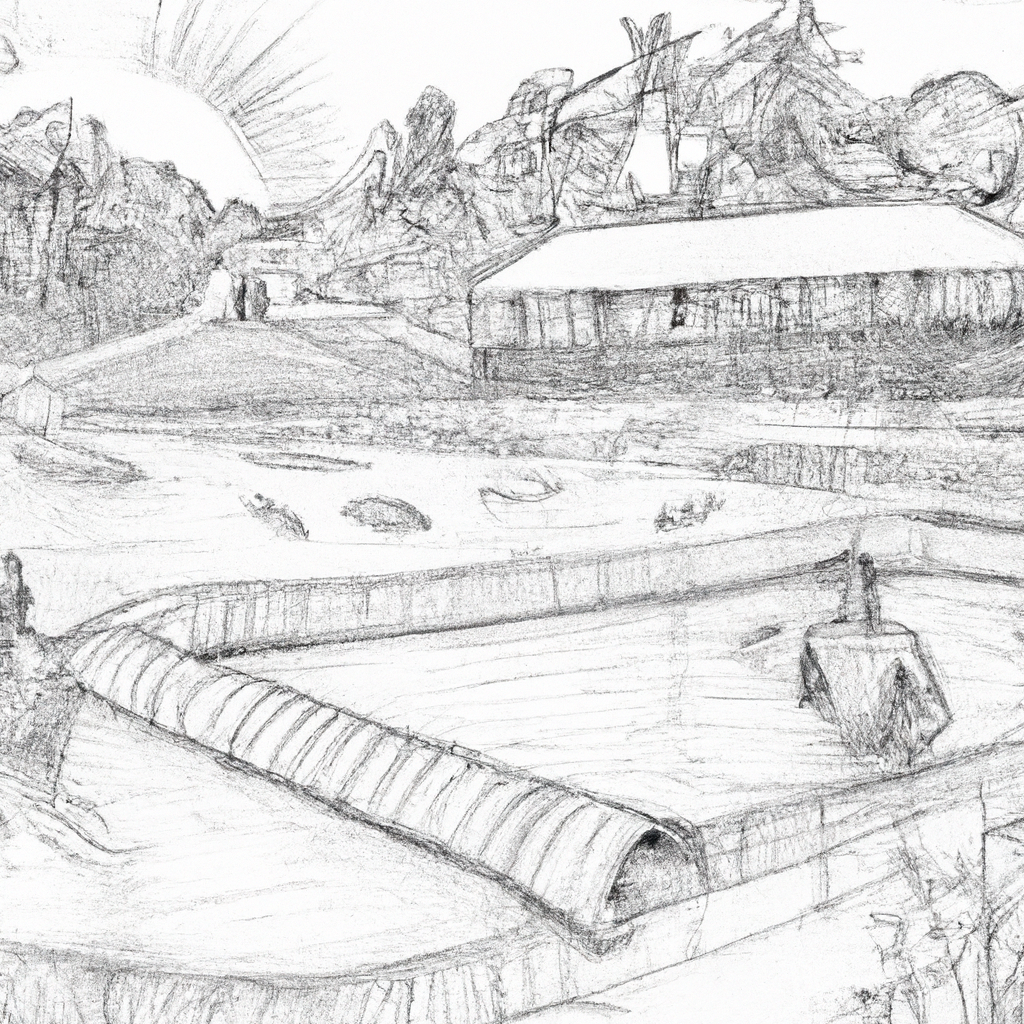 A detailed hand-drawn black and white pencil illustration of an African catfish farm in Indonesia, showing fish ponds with water, catfish swimming, and farmers in traditional attire working around the pond. Lush tropical greenery in the background and small traditional Indonesian structures add to the setting.