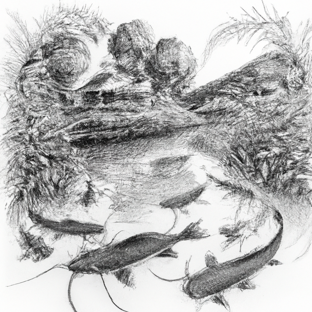 A hand-drawn black and white pencil sketch of a serene fish farming scene, featuring the Lele Mutiara, an exceptional breed of catfish, swimming in a well-maintained pond. The background includes meticulous details of lush vegetation along the pond's edge, with a small, traditional fish farming structure visible. The scene captures a feeling of harmony and prosperity, ideal for promoting a successful business venture in aquaculture.