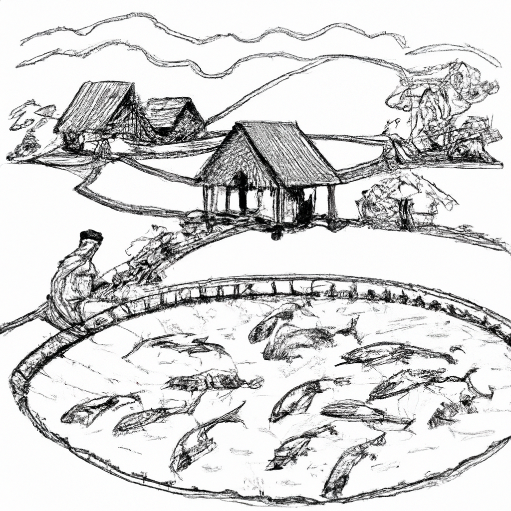 A hand-drawn black and white pencil illustration of a serene fish farming pond, featuring traditional Indonesian-style huts in the background and several fish visible underwater, with a farmer carefully tending to the environment.