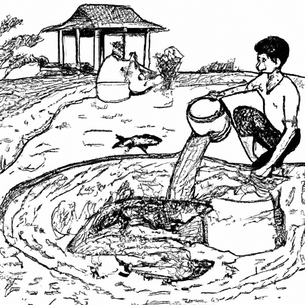 Hand-drawn black and white pencil illustration of a fish farming scene, featuring a farmer preparing high-quality fish feed using local ingredients for catfish (lele) in an Indonesian rural setting. The scene includes elements like large mixing containers, natural ingredients, and a pond with catfish.