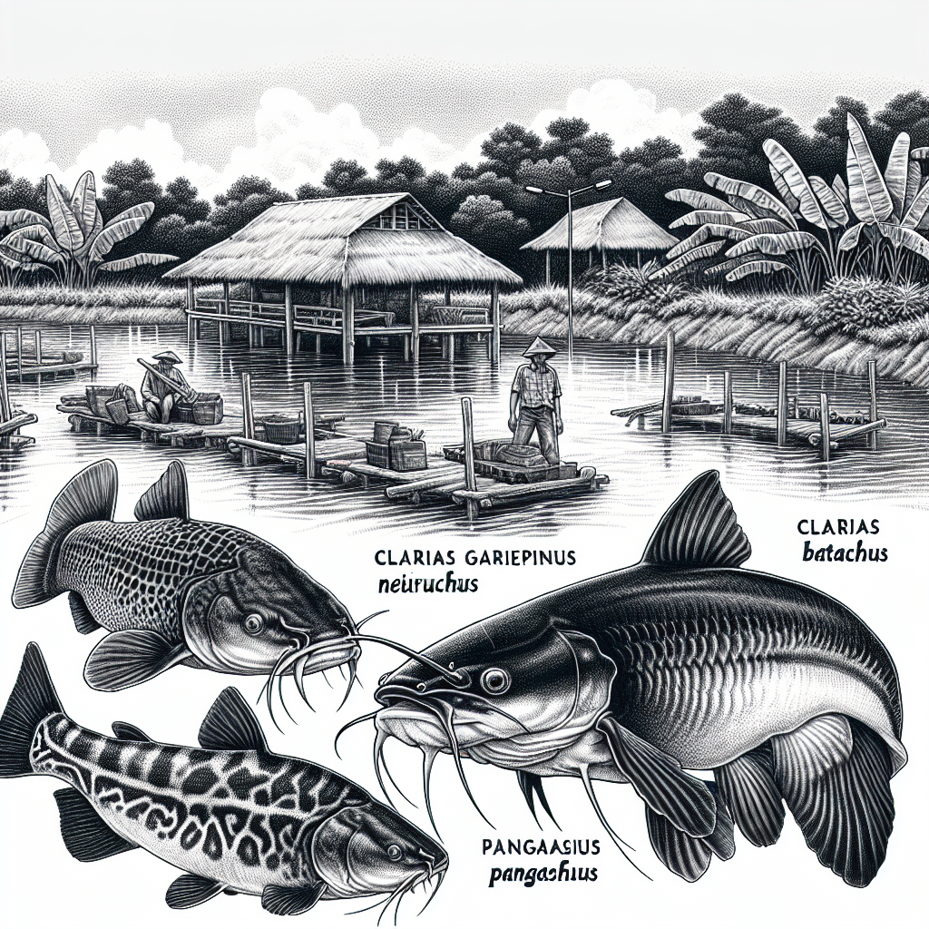 Hand-drawn black and white pencil illustration of a diverse fish farming scene in Indonesia, featuring five popular types of catfish: Clarias gariepinus, Clarias batrachus, Clarias nieuhofii, Pangasius pangasius, and Clarias macrocephalus. The scene includes traditional Indonesian fish farming techniques and ponds, with detailed depictions of the distinct features of each catfish species, set against a serene natural backdrop.
