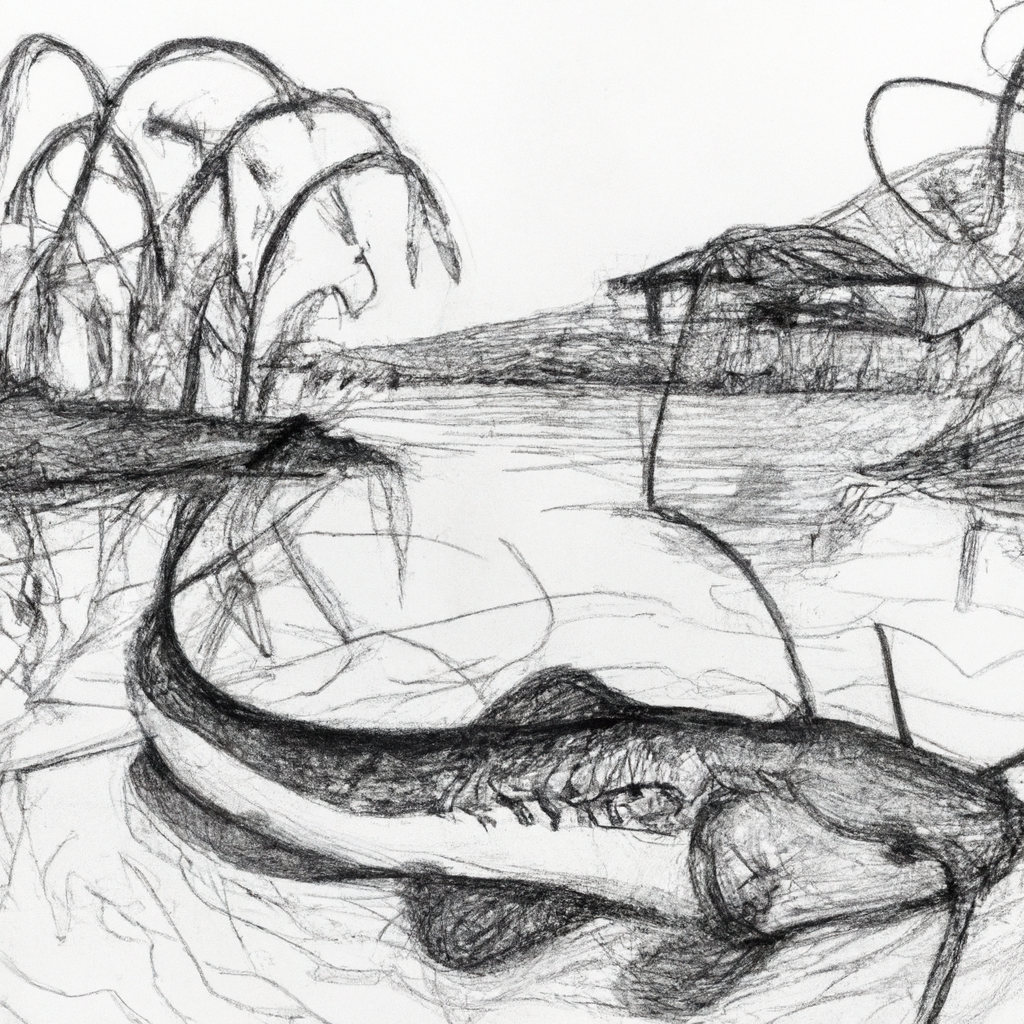 A detailed hand-drawn black and white pencil illustration of a robust and healthy Javanese catfish in a serene fish farming setting, showcasing traditional Indonesian fish ponds with water plants and a picturesque rural landscape in the background.