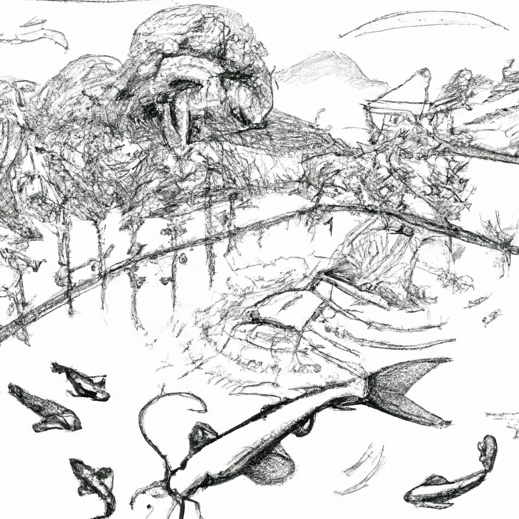 "Hand-drawn black and white pencil illustration of a vibrant fish farming scene featuring a tranquil pond with catfish (lele) swimming near the surface. The surrounding environment includes lush aquatic plants and simple farming equipment in the background, emphasizing the importance of nutrition for optimal growth."