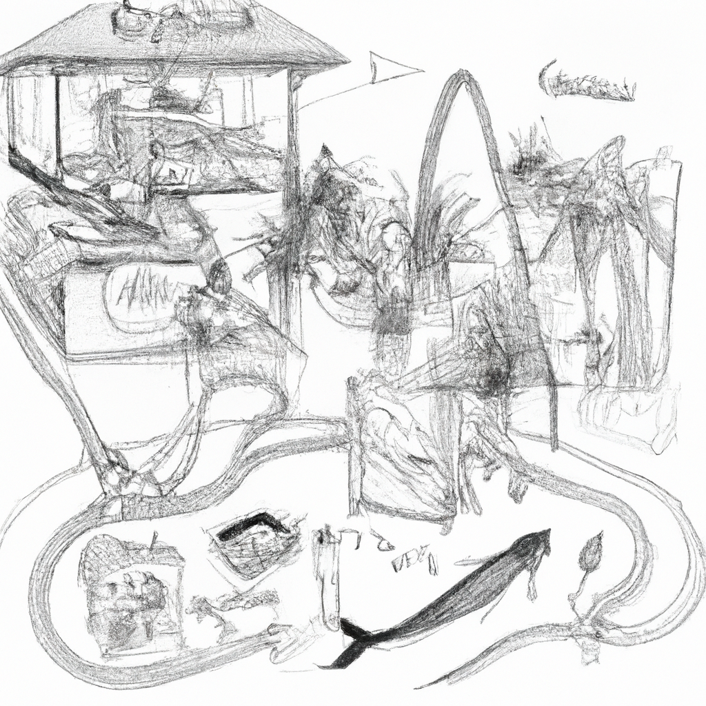 Hand-drawn black and white pencil sketch of a decorative catfish (Ikan Lele Hias) farm, featuring aquariums with different types of ornamental catfish, a caretaker feeding the fish, and plants and equipment used in fish farming, set in a tranquil and organized environment.