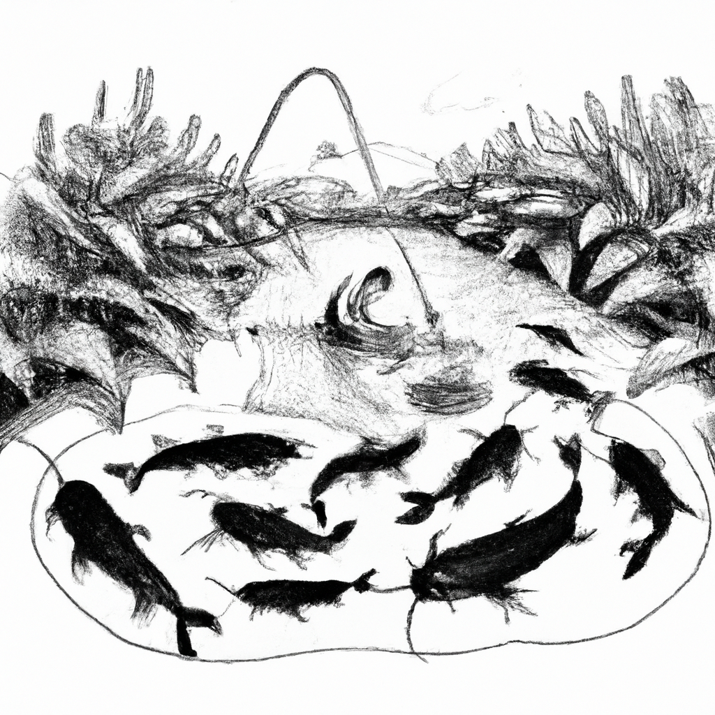 A hand-drawn black and white pencil illustration of a fish farming scene, showcasing a pond with several catfish (lele) swimming. Around the pond, a variety of leaves and plants are depicted, emphasizing their use as natural feed. The landscape includes details of simple farming tools and a farmer tending to the fish. The overall composition captures the essence of sustainability and traditional aquaculture practices.