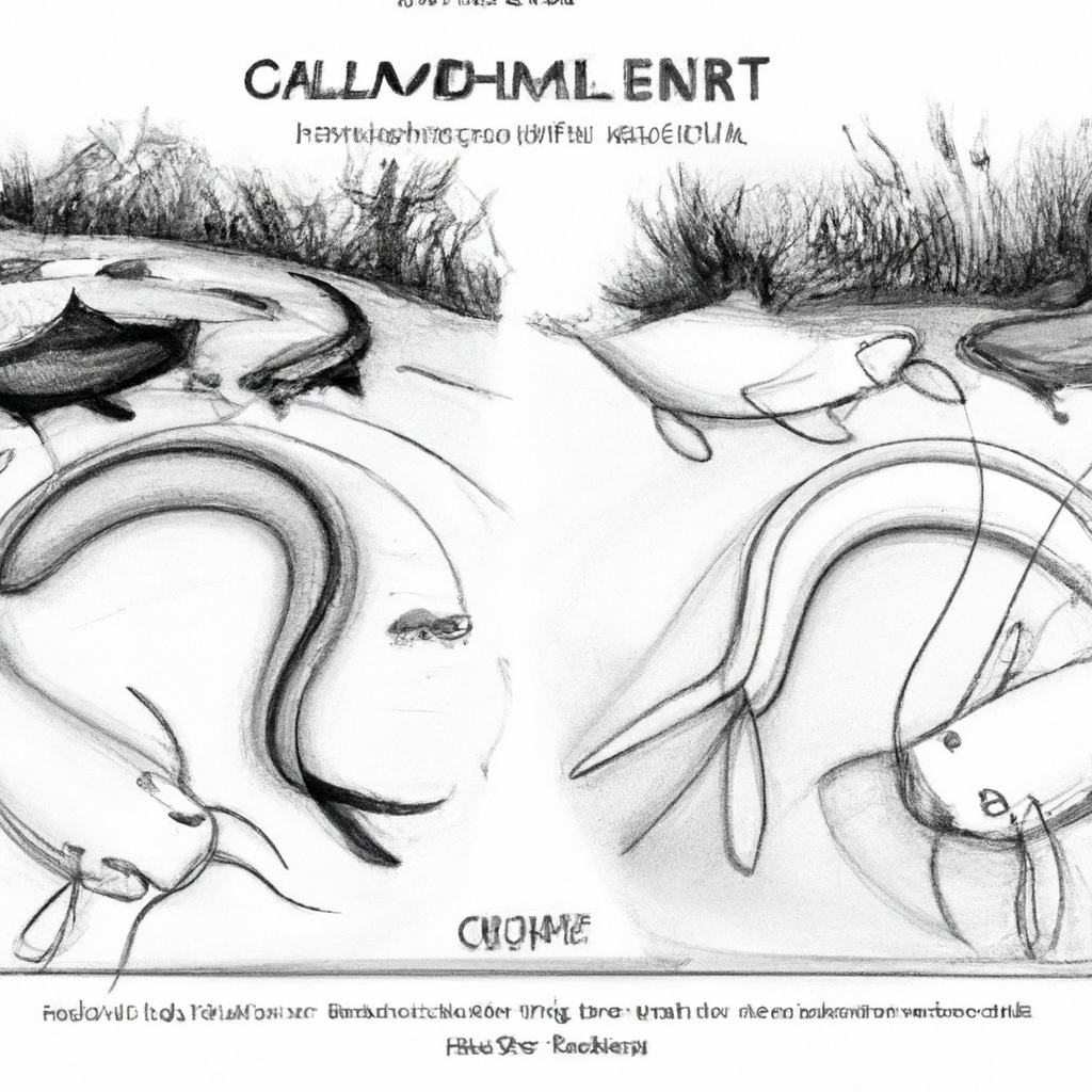 Hand-drawn black and white pencil illustration of a fish farming scene, depicting both Lele Dumbo and Lele Lokal catfish. The image shows two ponds side by side, each containing one type of catfish. Lele Dumbo is slightly larger and has distinctive physical features compared to the smaller Lele Lokal. Various details of the fish, such as their fins and whiskers, are clearly depicted, along with surrounding elements like water ripples and minimal aquatic plants.