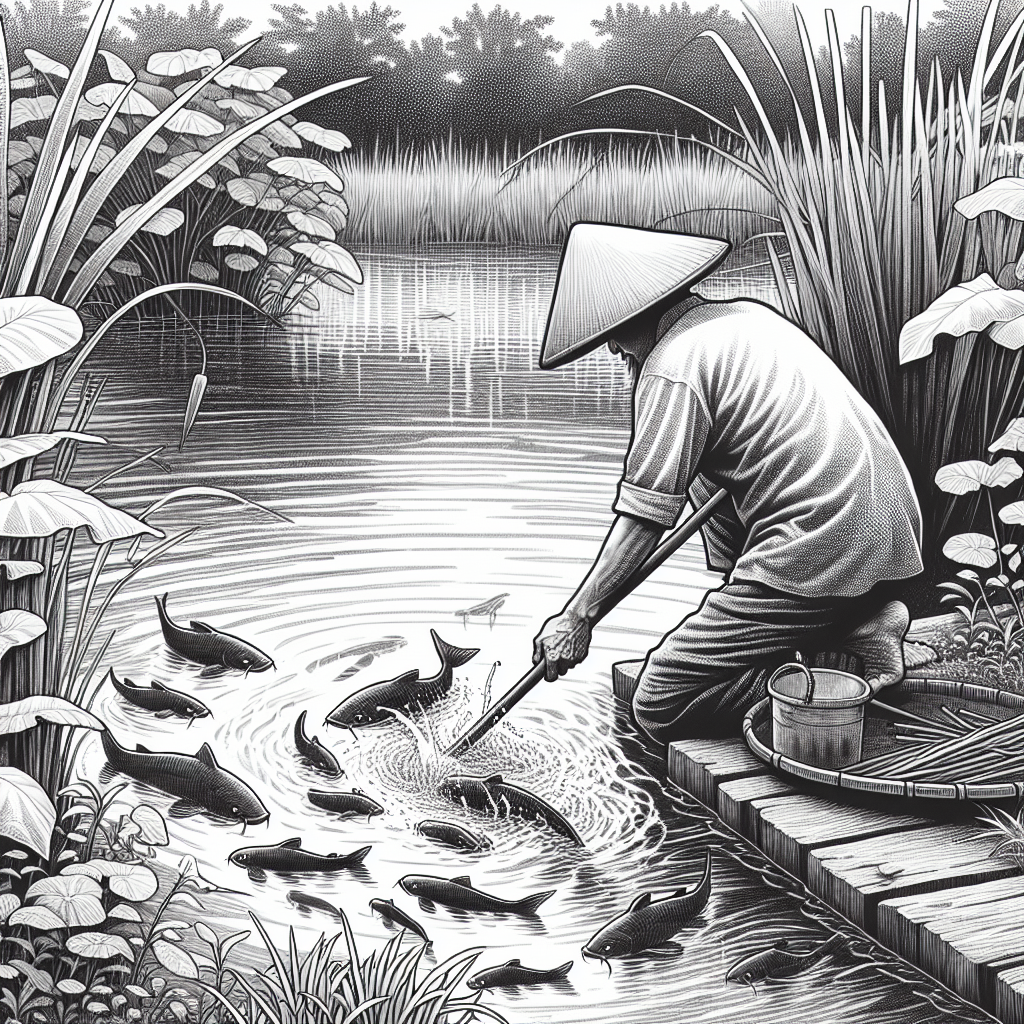 A serene fish farming scene focused on a traditional catfish pond in Indonesia, depicting a farmer carefully managing water quality. The pond is surrounded by lush greenery, and the farmer is using a stick to gently stir the water. Include detailed elements like cattails, reeds, and small insects skimming the pond's surface. The scene is illustrated in a hand-drawn black and white pencil style, capturing the peaceful and meticulous process of pond management.