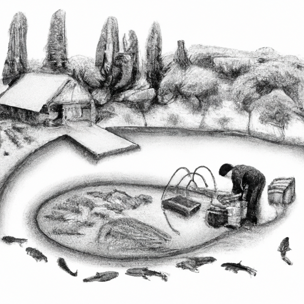 A detailed hand-drawn black and white pencil illustration of a small-scale catfish farm. Include a few large tanks or ponds with catfish swimming in them, a simple shed with farming equipment, and a person checking the fish. Add an element of nature in the background, like trees or a small garden, to emphasize the home-based setting.
