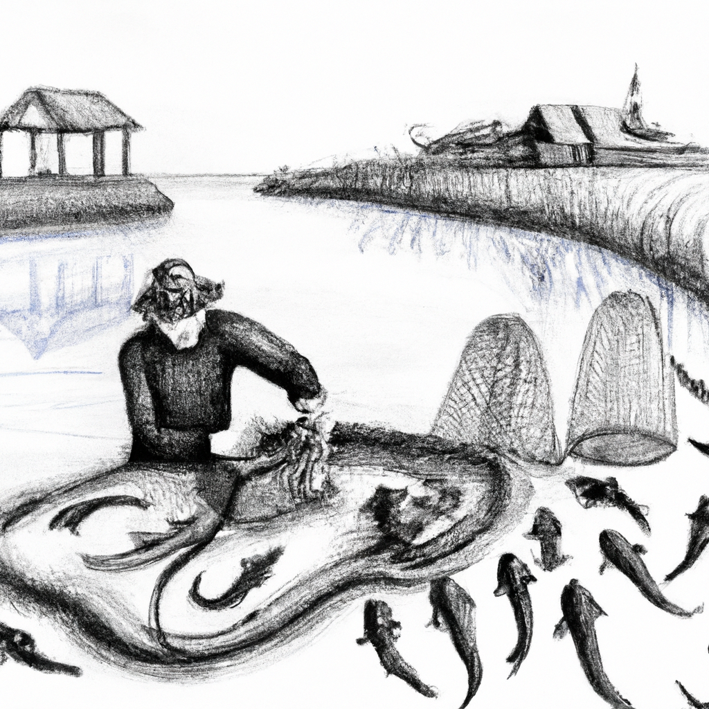 A hand-drawn, black and white pencil sketch of a small-scale catfish farming operation, featuring ponds with water, catfish swimming, a few simple tools, and a farmer caring for the fish, set in a natural environment with a rural backdrop.