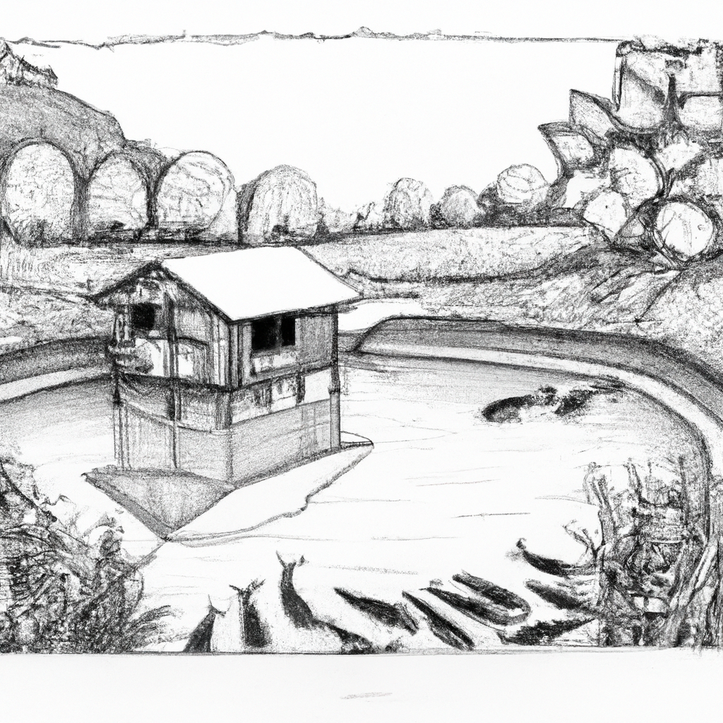 A hand-drawn black and white pencil illustration of a fish farming scene, featuring a serene pond with lele catfish swimming. The image captures the essence of rural entrepreneurship, with a small wooden hut for fish farmers in the background and lush vegetation surrounding the area. The atmosphere is peaceful, emphasizing the sustainable and profitable nature of this aquaculture business.
