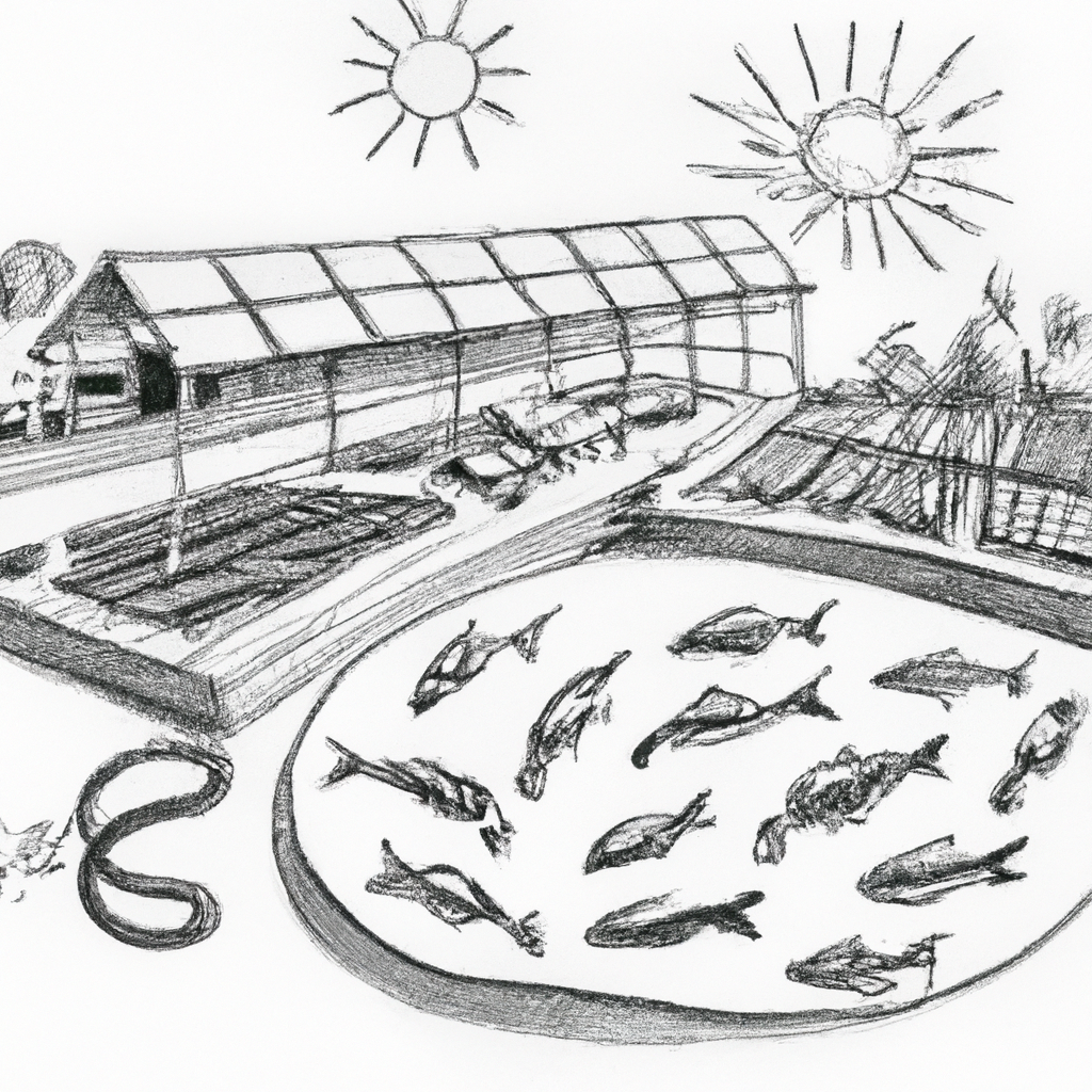 A hand-drawn black and white pencil illustration depicting an eco-friendly catfish farming setup. The scene includes several rectangular fish tanks with water, healthy catfish swimming inside, and a background featuring lush vegetation and trees. Solar panels are positioned nearby, showing the use of renewable energy. Natural filtration systems like plants and gravel beds are integrated into the design to highlight the environmentally conscious approach to aquaculture.