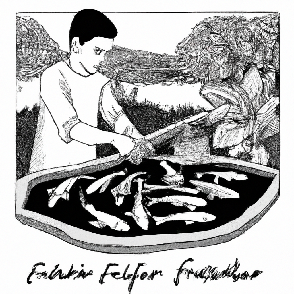 A hand-drawn black and white pencil illustration of an Indonesian farmer in a rural fish farm setting. The scene includes traditional fish ponds where catfish are being raised. The farmer is skillfully preparing catfish skins for making crispy chips, highlighting the steps of the preparation process, like cleaning and cutting. The background features lush greenery typical of the Indonesian countryside and simple farming equipment, emphasizing the traditional and artisanal aspect of the fish farming process.