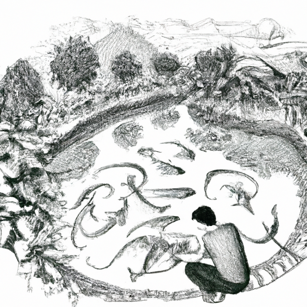 A hand-drawn black and white pencil illustration depicting a serene fish farming scene, with catfish ponds neatly organized, surrounded by lush, verdant vegetation. Fishermen are attentively caring for the fish, providing feed, and checking the water quality. There's a gentle, peaceful atmosphere that conveys the sustainable, careful nurturing of the catfish, suitable for eventual use in nutrient-rich meals, like catfish nuggets for children.