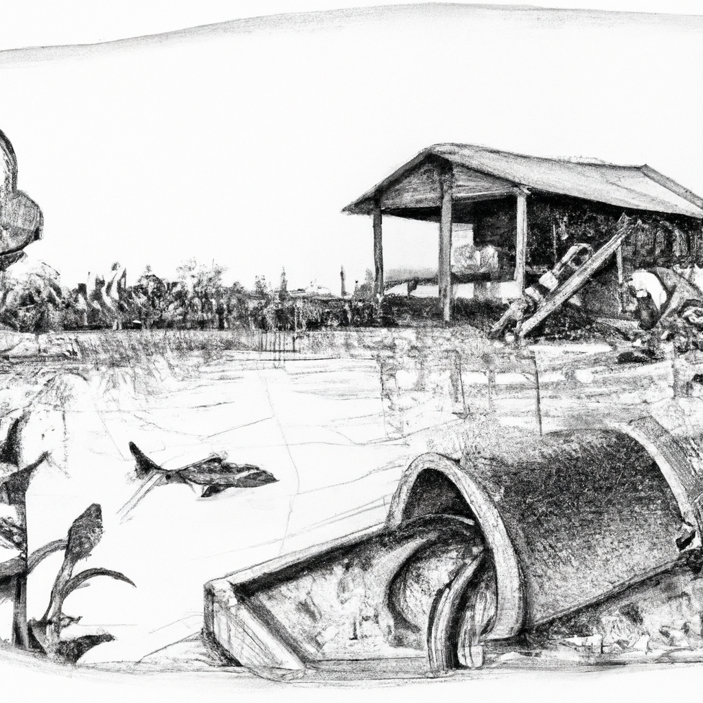 A hand-drawn black and white pencil sketch of a serene fish farming scene, featuring a small pond filled with lele catfish. In the background, there are simple farming tools and a modest wooden shack. The scene captures the essence of a peaceful rural fish farming environment with surrounding plants and a clear sky.