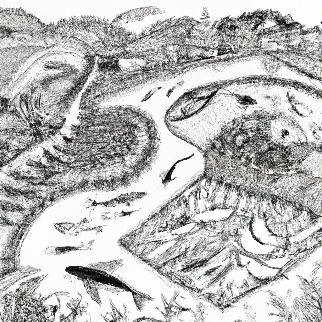 A detailed hand-drawn black and white pencil illustration of a sustainable catfish farming environment. It includes fish ponds surrounded by lush vegetation, farmers using eco-friendly practices, and birds and insects thriving in harmony. The scene is vibrant and bustling, depicting the positive impact on the ecosystem from lele fish farming.
