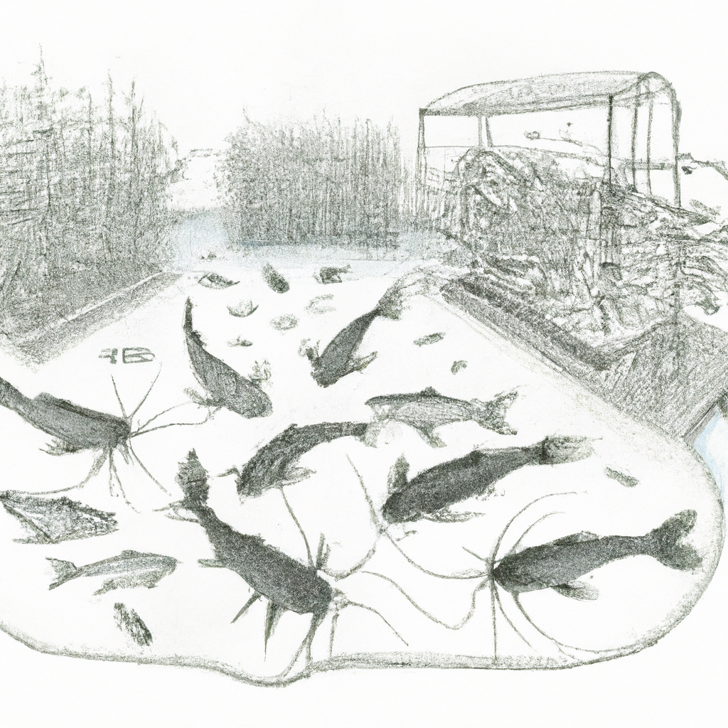 A detailed hand-drawn pencil sketch of a fish farm, featuring multiple catfish in different stages of growth. The focus is on the effects of high protein diets, with the fish appearing robust and healthy. The farm setting includes tanks and feeding equipment, surrounded by water plants to illustrate a natural environment.