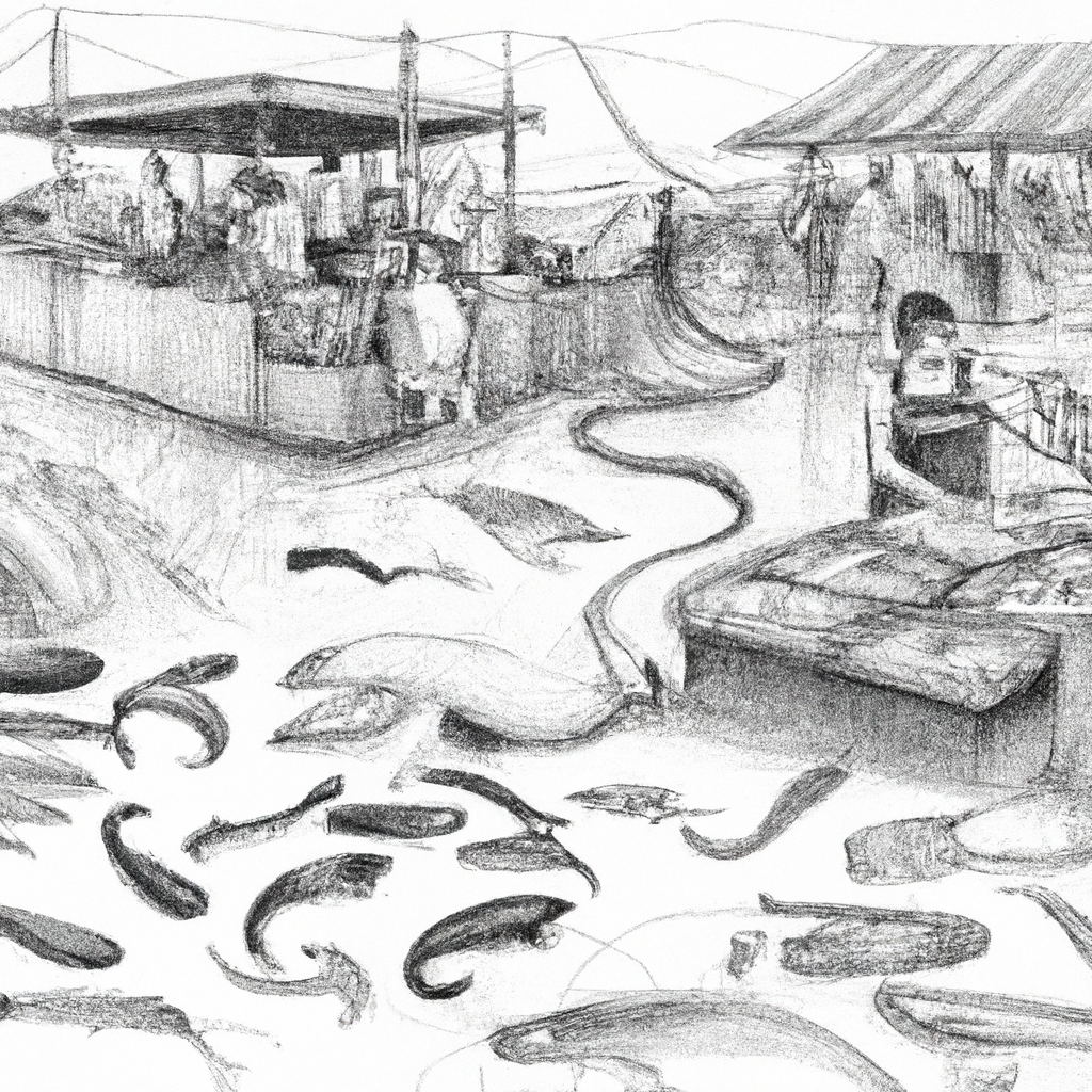 Hand-drawn black and white pencil illustration of a bustling fish farming scene featuring innovative and diverse catfish products. The scene includes various products being processed and displayed such as smoked catfish, catfish sausage, and packaged catfish fillets. Farmers are busy working, some handling catfish, others inspecting products. The environment is lively, showcasing a vibrant mix of traditional and modern techniques in a fish farm setting.