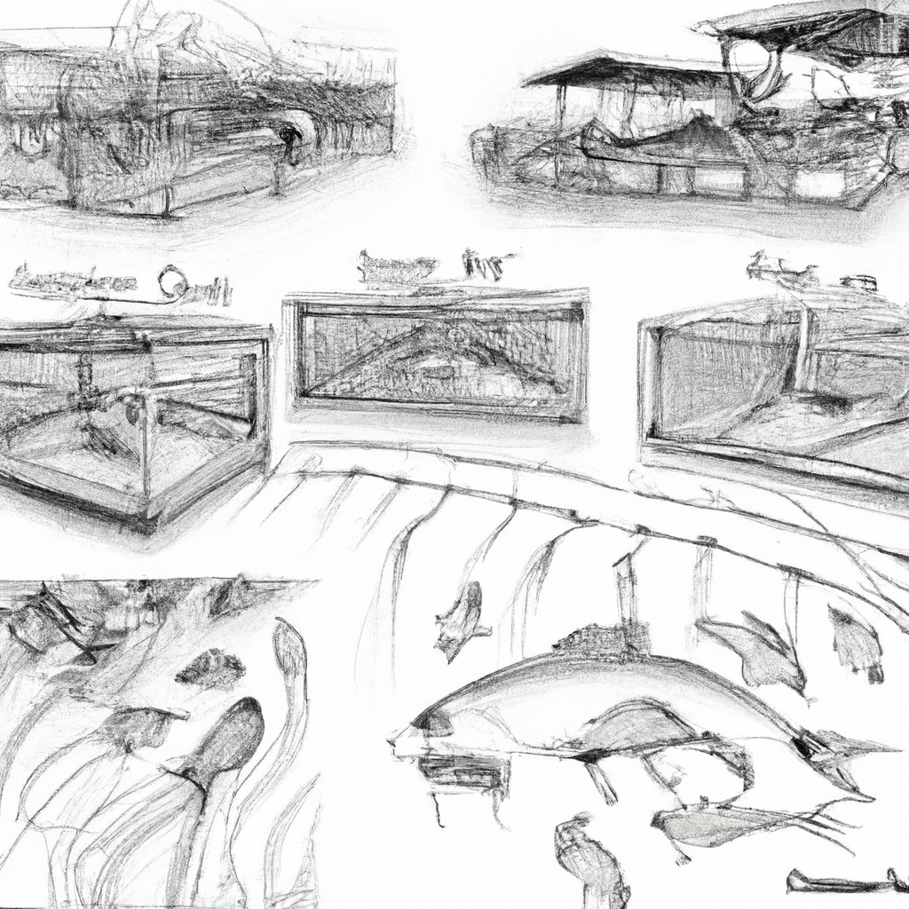 A hand-drawn black and white pencil illustration of a fish farm focusing on catfish (lele) products, showcasing various stages of fish farming, processing, and comparison with other types of fish. The image includes detailed depictions of fish tanks, nets, and workers, highlighting the advantages of catfish products in a dynamic and informative scene.