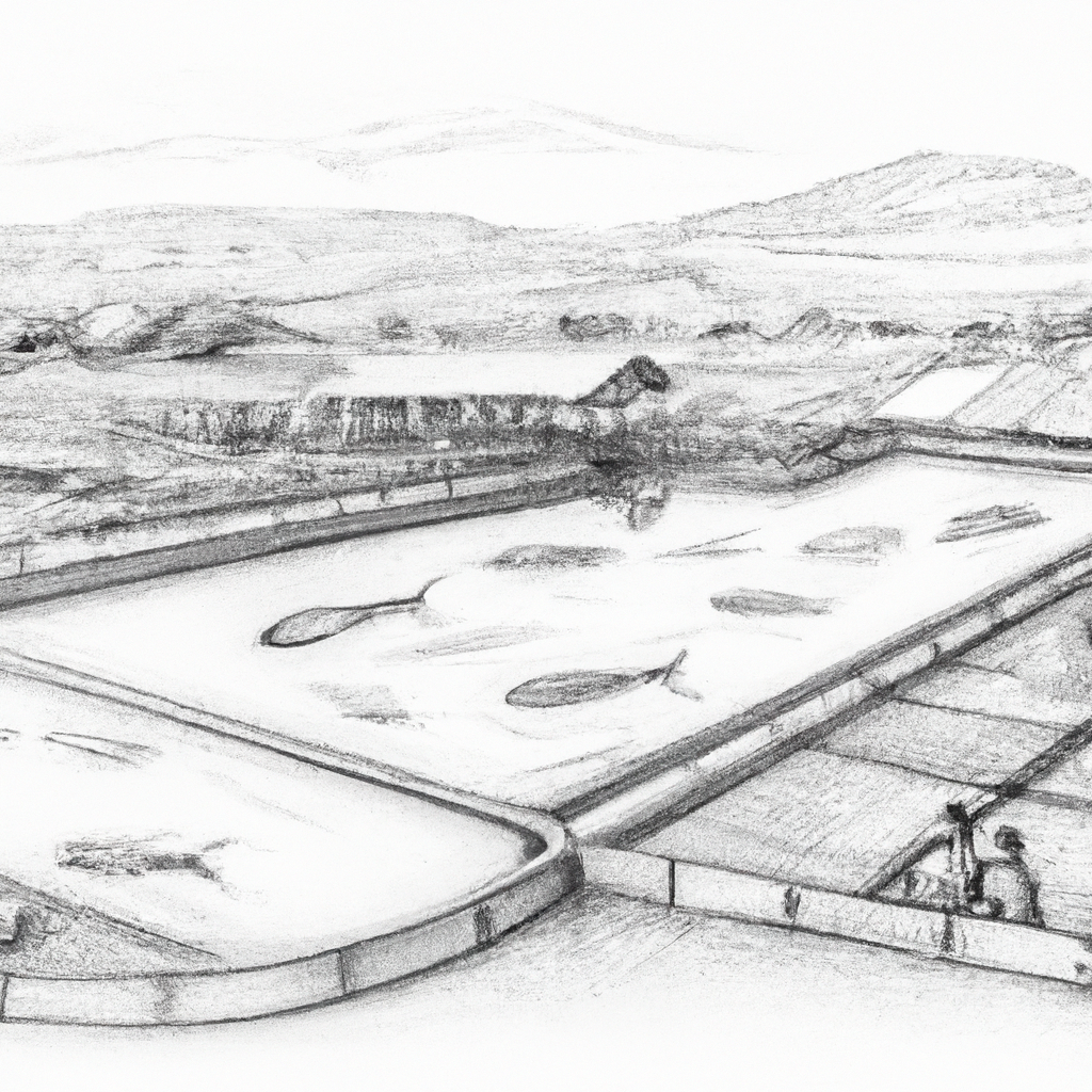 A hand-drawn black and white pencil sketch of a premium fish farm, featuring lele (catfish) in detailed ponds. Show a serene and organized setting with farmers carefully tending to the fish. Include detailed structures for the farm setup and natural surroundings to convey a sense of sustainable aquaculture.