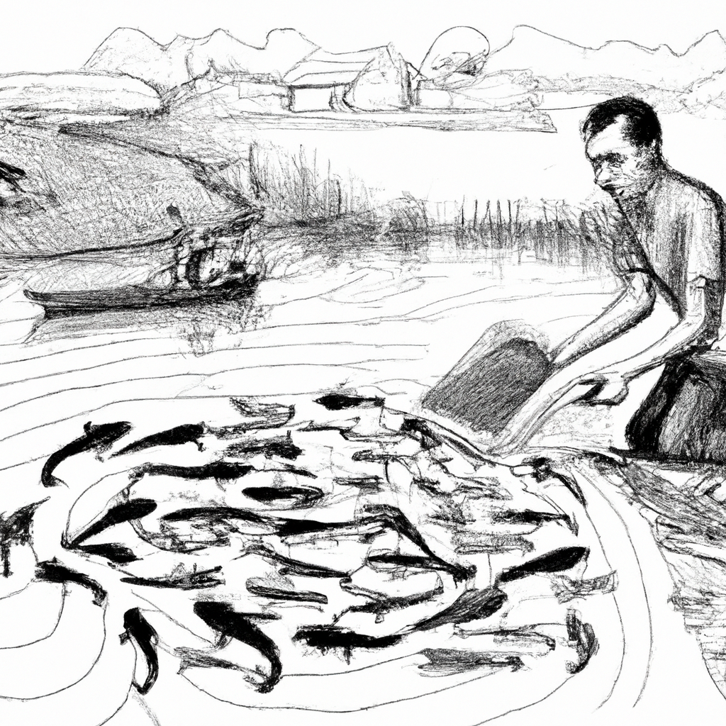 A hand-drawn black and white pencil illustration of a fish farmer carefully measuring and distributing feed to a pond of catfish in an organized and efficient manner, with the fish actively swimming around, and the surrounding environment showing typical fish farming equipment and natural scenery.