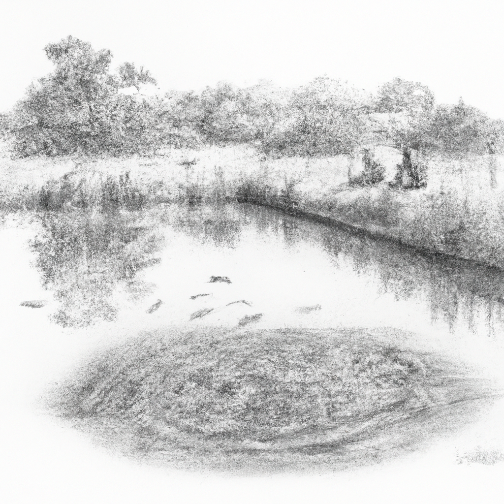 Hand-drawn black and white pencil sketch of a serene pond used for fish farming, surrounded by lush vegetation. The scene includes people carefully tending to catfish (lele) with a small sustainable water system in place, illustrating a balance between nature conservation and fish farming. The image captures the essence of aquaculture and environmental responsibility.