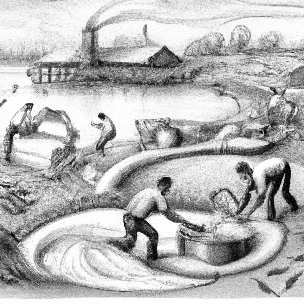 A detailed hand-drawn black and white pencil illustration of catfish being processed into high-quality fish meal. The image shows a bustling fish farm scene with workers skillfully handling and grinding catfish into powder. Equipment such as grinders, sieves, and storage bins are included, with catfish in various stages of processing. The background subtly showcases a pond with swimming catfish, emphasizing the fish farming aspect.
